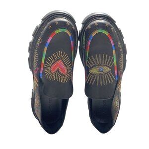Farm Rio Women's Black Embroidered Leather Loafers, Size 8.5, Floral Boho Wedges